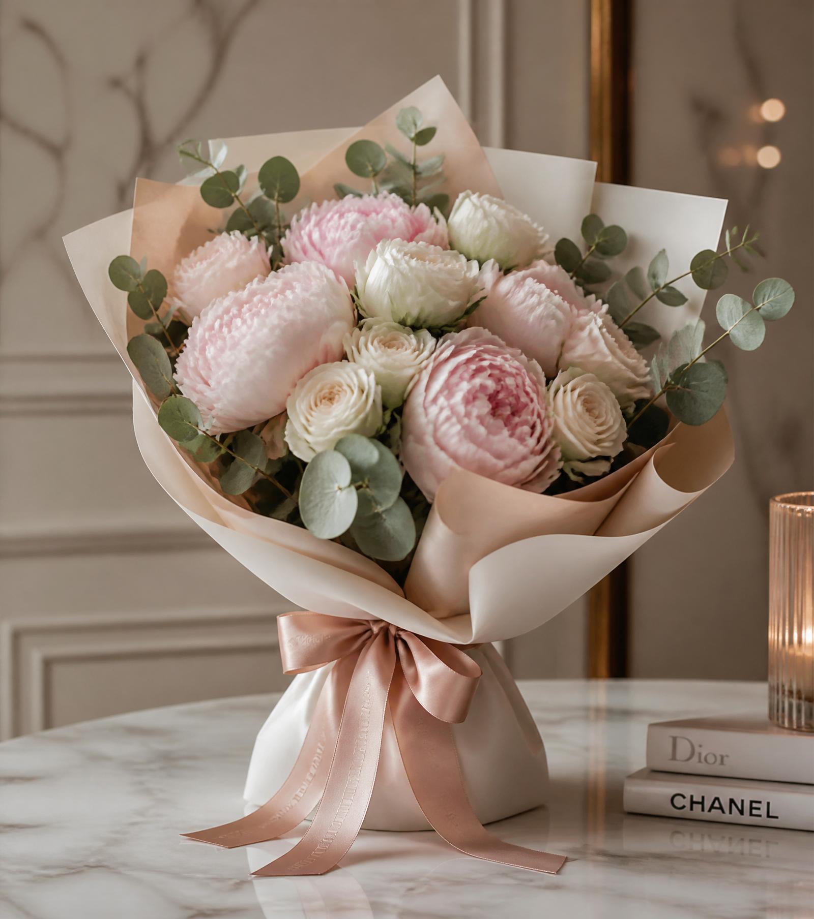 Handcrafted bouquet of peonies and garden roses wrapped in ivory paper